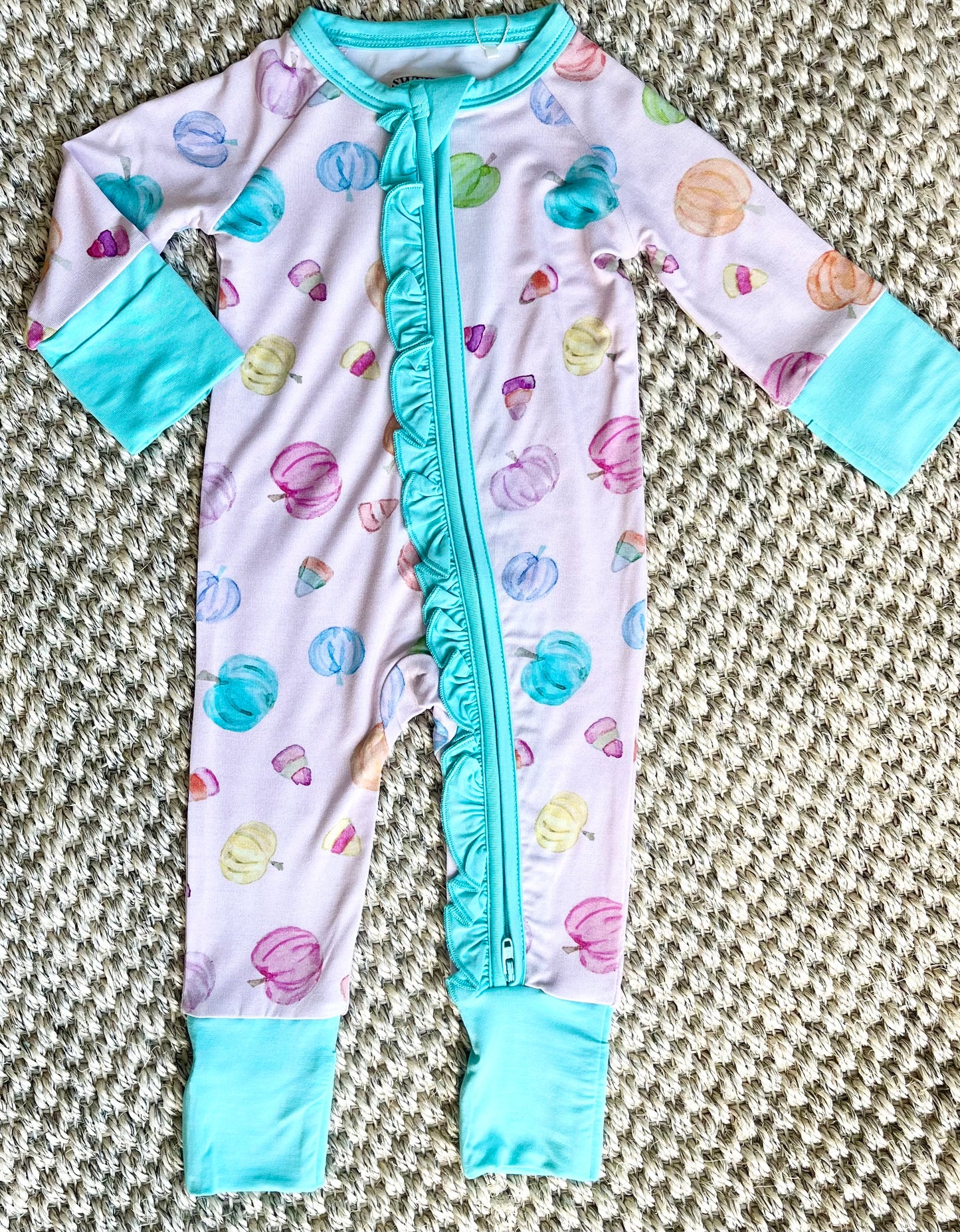 Pink Pumpkin Zipper Onesie W/Ruffle