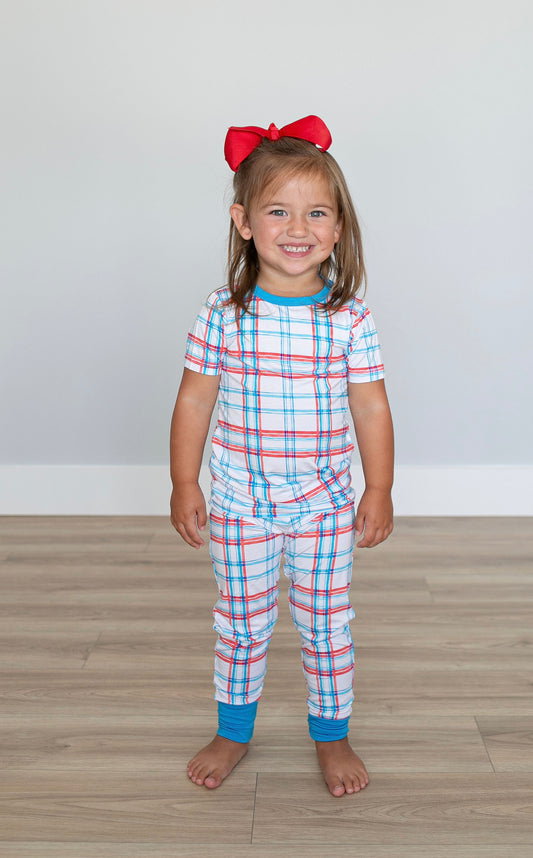 Blue/Red Plaid Two Piece Pajama Pants Set