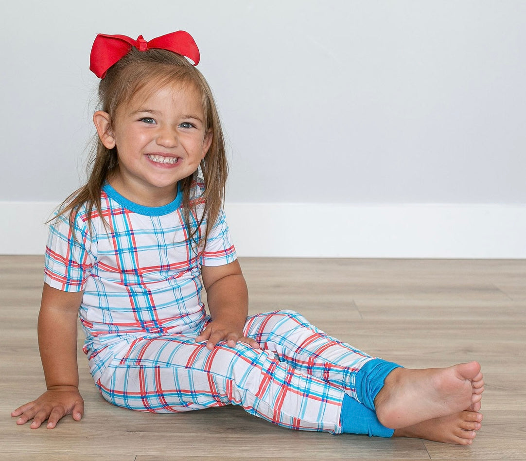 Blue/Red Plaid Two Piece Pajama Pants Set