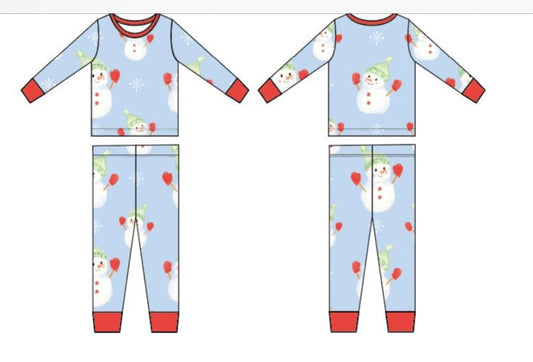 Snowmen on Blue Two Piece Pajama Pants Set