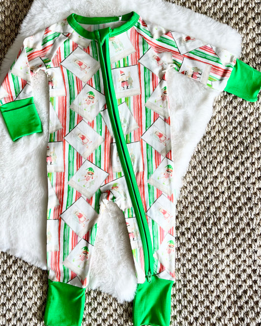 Santa Fishing in Stripes  Zipper Onesie