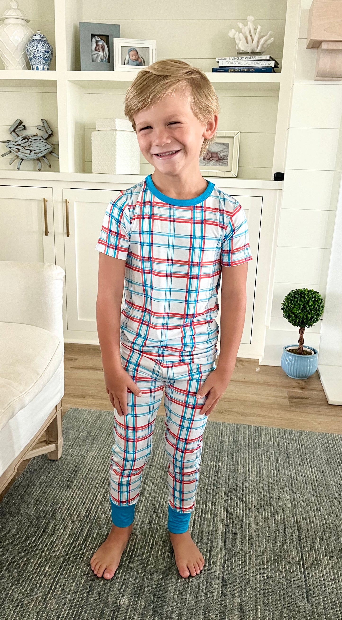 Blue/Red Plaid Two Piece Pajama Pants Set