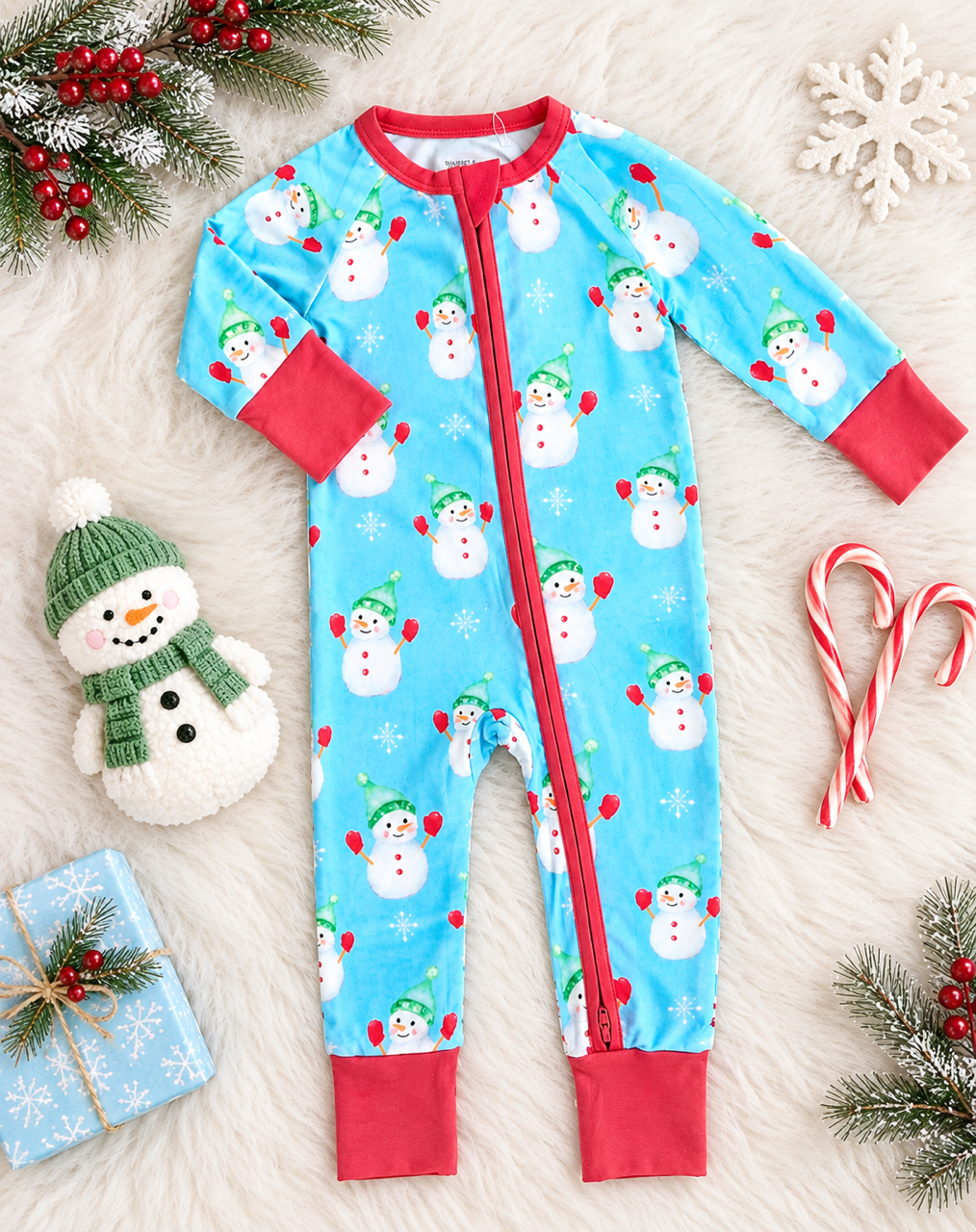 Snowmen on Blue Zipper Onesie