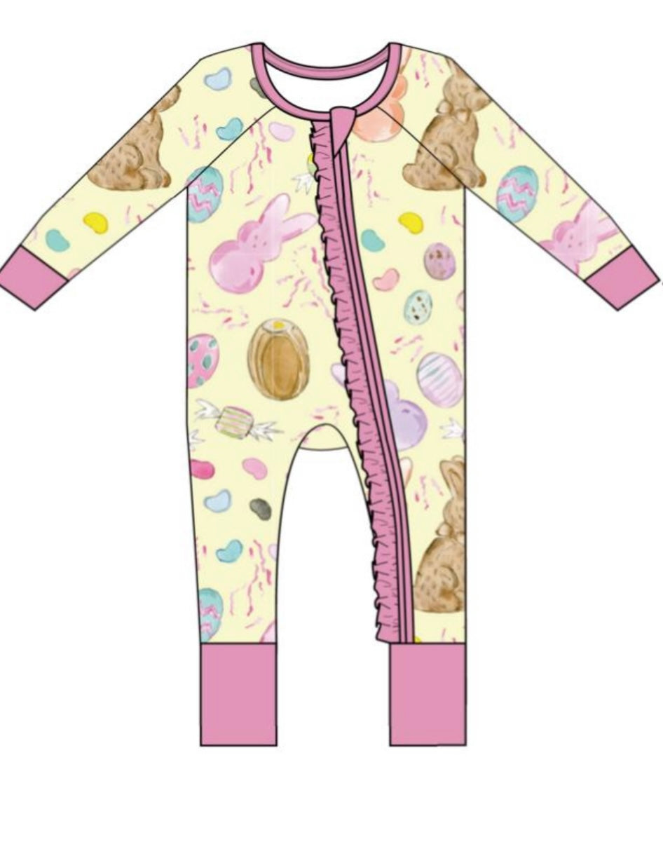 Easter Candy Yellow/Pink Zipper Onesie W/Ruffle