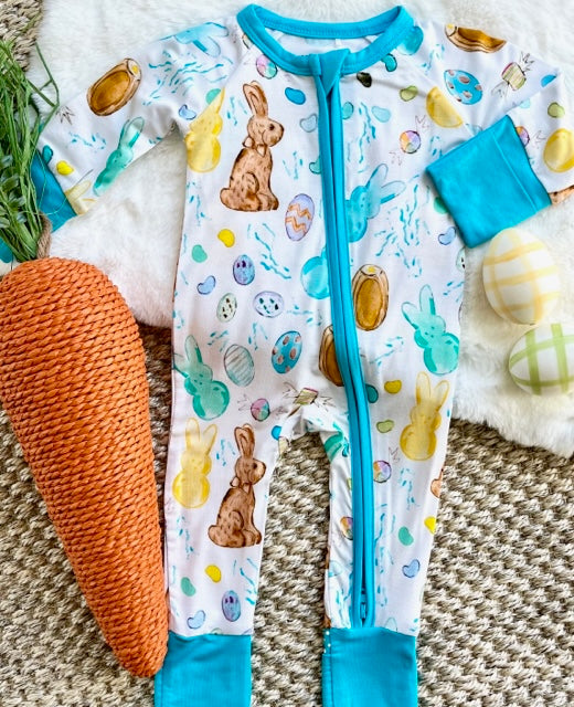 Easter Candy White/Blue Zipper Onesie