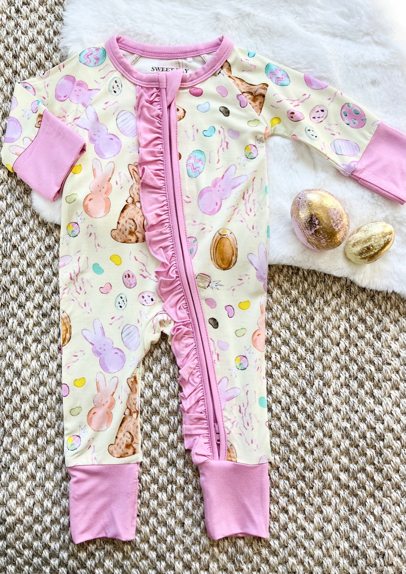 Easter Candy Yellow/Pink Zipper Onesie W/Ruffle